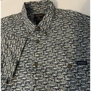 Woolrich Shirt Mens Large Blue Button Up Short Sleeve Mini Car Print Casual